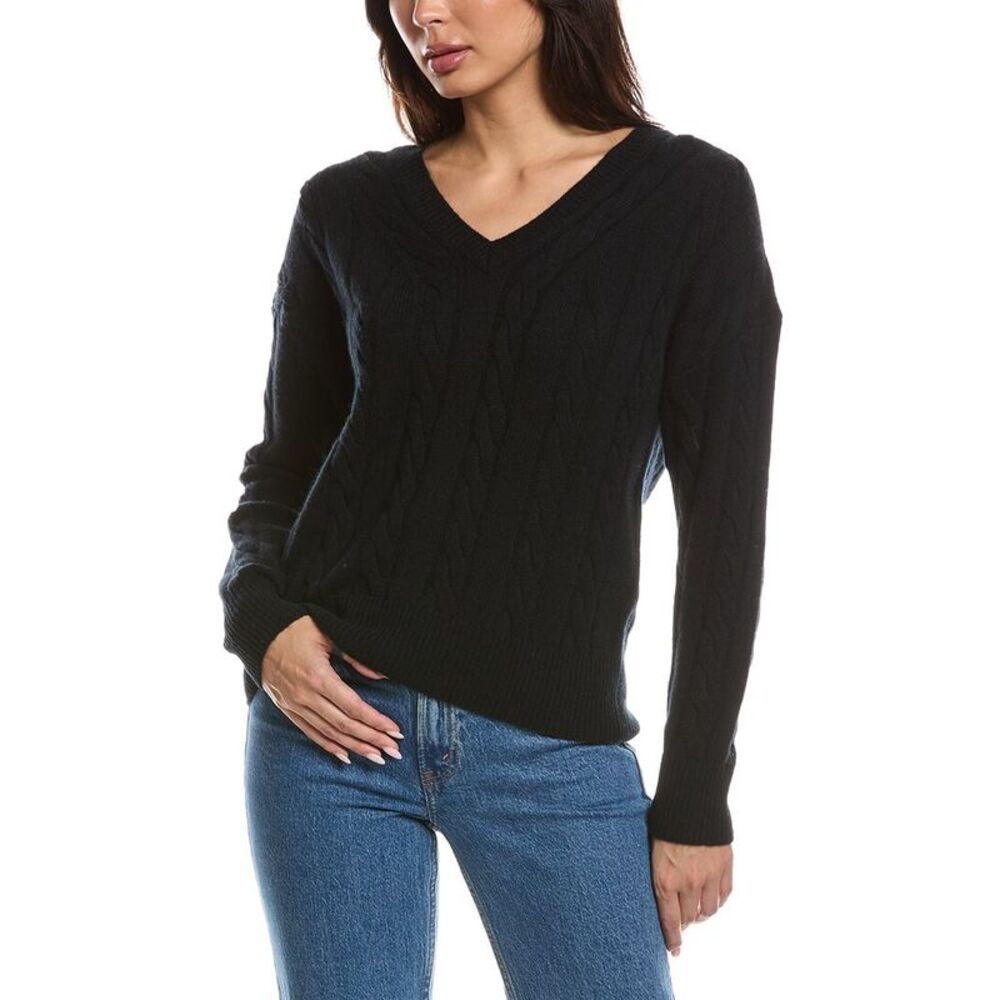 Forte Cashmere Womens  Fashioned Cable V-Neck 100% Cashmere Sweater, Black